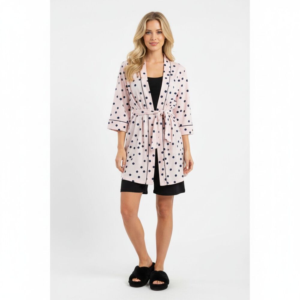 Kate Spade Pink & Black Polka Dot Print Short Belted Bath‎ Robe M